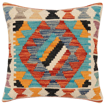 handmade Traditional Pillow Rust Blue Hand-Woven SQUARE 100% WOOL  Hand woven turkish pillow  2 x 2